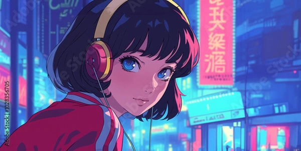 Fototapeta ヘッドフォンで音楽を聴くアニメ風の女の子　AI生成画像