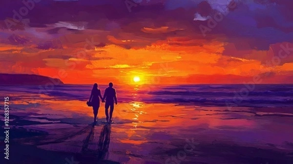 Fototapeta A vibrant sunset beach with silhouettes of couples walking hand in hand along the shore. The sun dips below the horizon, casting an orange and purple glow across the sky and sea