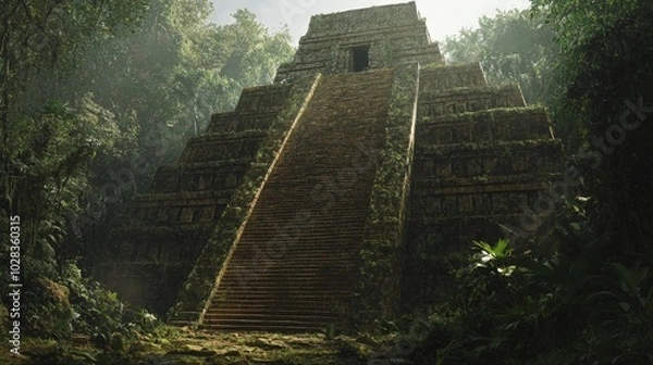 Fototapeta An ancient Mayan pyramid with steep stone steps leading to a temple at the top. The structure rises from the jungle, a testament to the architectural prowess of its builders