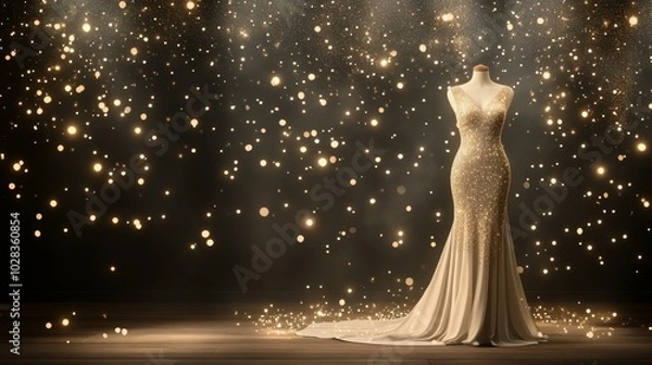Fototapeta Golden sequined gown, elegantly draped on a mannequin, surrounded by subtle sparkles and soft glowing light, rich wooden interior as the backdrop