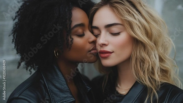 Obraz two females kissing, one is black, one is white