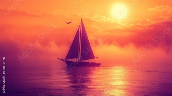 Fototapeta Sailboat sailing ocean sunset hazy fog ships sails underneath random arts bright sun camp half blood passages last light
