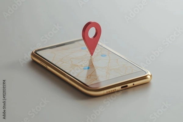 Fototapeta Cellphone With Map Pin Pointer On White Surface, Generative AI