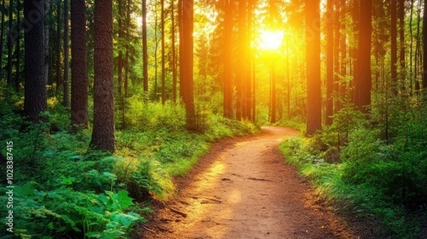Fototapeta Serene Forest Pathway at Sunrise