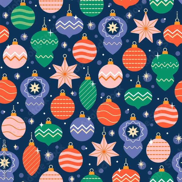 Fototapeta Vector Christmas seamless pattern of different shaped and colorful hanging retro Christmas tree ornaments on navy blue background for wrapping paper, packaging, fabric.