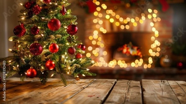 Fototapeta Festive Christmas Tree Decorated with Red Ornaments and Bokeh Lights on Wooden Table, Fireplace in Background, Perfect for Xmas Party or Event Banner Design.