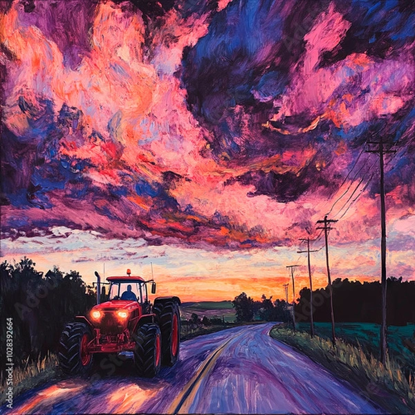Fototapeta Abendfahrt mit dem Traktor