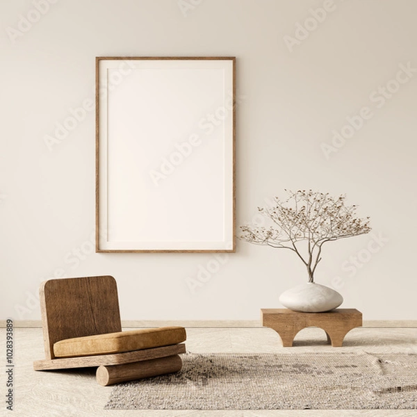 Obraz Mock up poster frame in boho style decorated livinig room. Modern, authentic Interior design of living room with wooden furnitures. 3D illustration