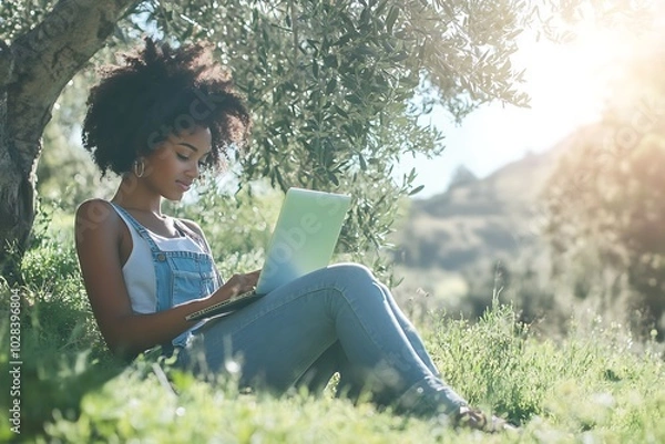 Fototapeta Young woman with laptop on the grass in the park sits by a tree. Remote work and training. 