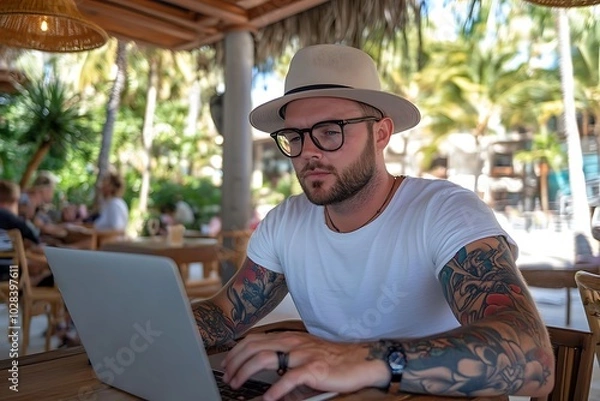 Fototapeta Man Working Remotely on Vacation