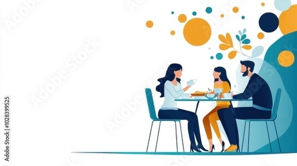 Fototapeta A family enjoys a meal together, laughing and talking around the dinner table. The positivity and love between them create a warm, happy atmosphere., flat design illustration