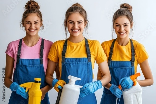 Fototapeta Portrait Of Happy Janitors With Cleaning Equipment, Generative AI
