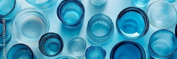 Fototapeta A collection of blue glass bowls and cups. The bowls and cups are of various sizes and shapes, and they are arranged in a way that creates a sense of depth and dimension
