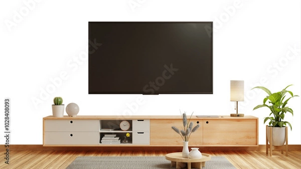 Fototapeta Mockup a cabinet television with decoration in minimalist room on transparent background- 3D rendering