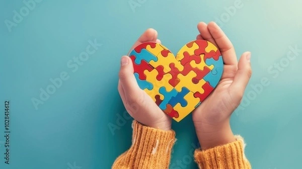 Fototapeta Little hands solving the puzzle of love on Childrens Day