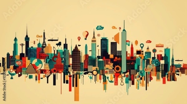 Fototapeta An abstract city skyline made of different icons and symbols representing various industries, all merging into one cohesive structure. Idea of unity and collaboration across diverse sectors