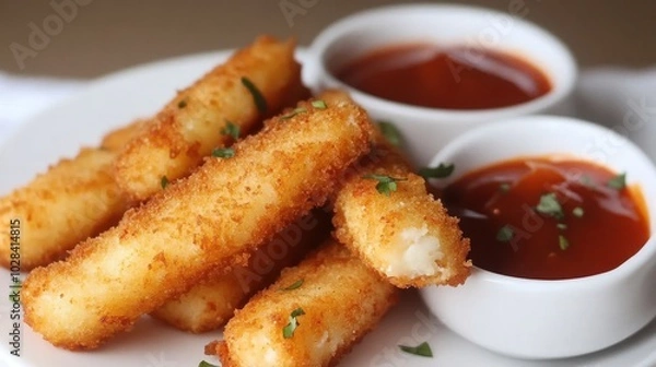 Fototapeta Crispy halloumi cheese sticks with chili sauce, golden texture, gourmet appetizer