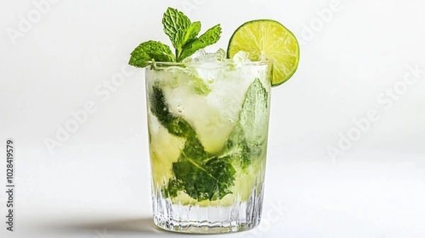 Fototapeta Refreshing summer drink with lime, mint, and ice in a glass.