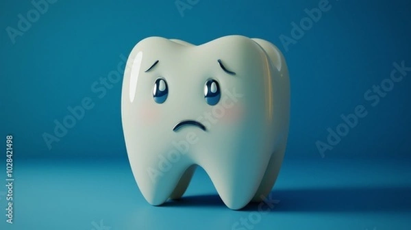 Fototapeta 3D cartoon model of a sad tooth character on a blue background