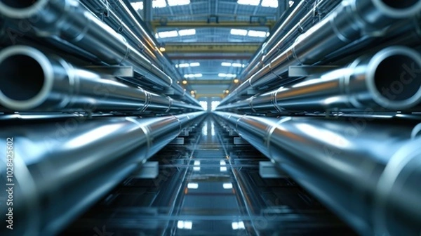 Fototapeta Stacked Metal Pipes in Industrial Warehouse