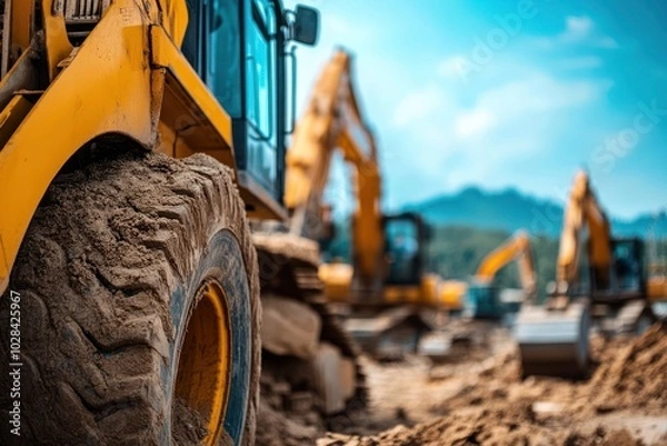 Obraz Closeup of a large yellow construction vehicle tire with dirt and other construction vehicles blurred in the background.