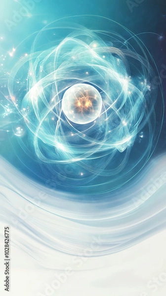 Obraz Abstract Art Image of an Atomic Structure, Featuring Blue and White Color Palette, Central Glowing Sphere with Radial Lines, Evoking a Dynamic Rotation