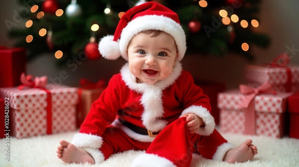 Obraz Baby in Santa Claus costume sitting next to Christmas presents