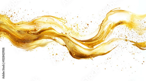 Obraz A golden wavy line with shining drops and splashes on a white background, hand-drawn.  A brilliant luxurious golden textured brush stroke. An elegant element for the design