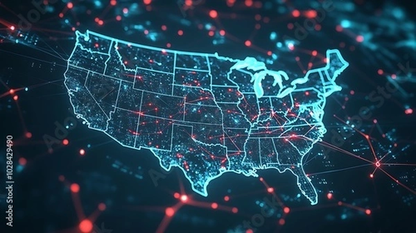 Fototapeta Cybersecurity Concept: US Map with Red Alert Nodes and Blue Network