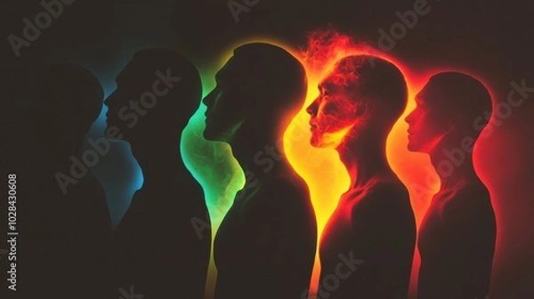 Fototapeta Inner Light Spectrum: Silhouettes of multiple people, each with a glowing light inside their chest