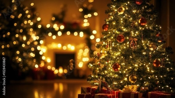 Fototapeta Beautifully lit Christmas tree adorned with warm glowing lights and bokeh effects in a dark festive setting