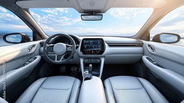 Fototapeta Modern Car Interior with Luxurious Leather Seats and High-Tech Dashboard in Sunlit Environment