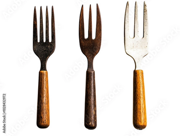 Obraz Three vintage kitchen forks with wooden handles, showcasing rustic and traditional cooking tools, isolated on white background PNG transparent.
