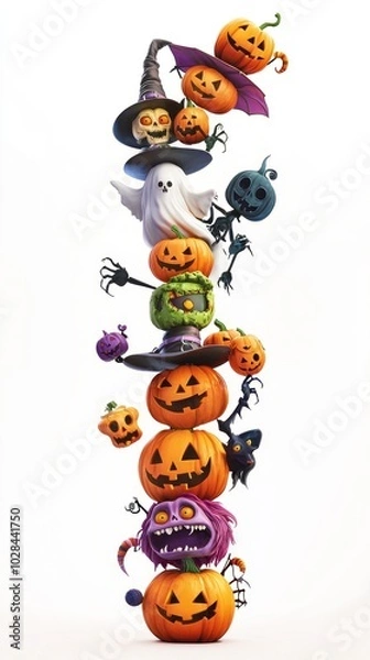 Fototapeta A scene of Halloween joy with skeletons, carved pumpkins, ghosts, bats, and witches, symbolizing a fun and spooky holiday celebration.