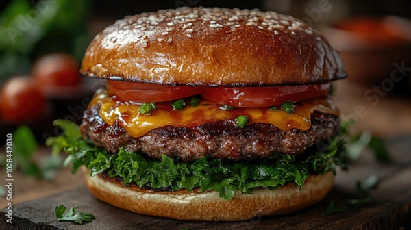Fototapeta Juicy Cheeseburger with Sesame Seed Bun - Fast Food Photography