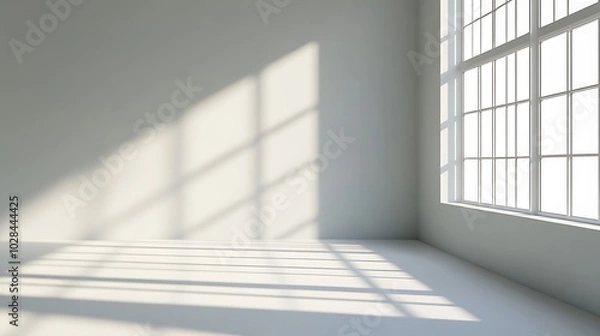 Fototapeta Sunlight Casts Window Shadow Pattern on Empty White Room Floor