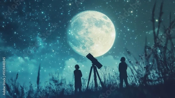 Fototapeta Silhouettes of three figures looking at bright moon through telescope