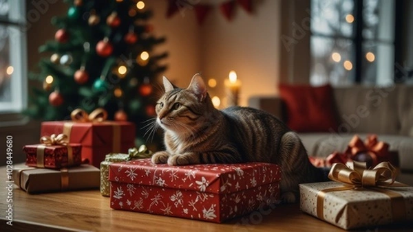 Fototapeta A cute cat sits amidst colorful Christmas decorations and a twinkling Christmas tree, creating a cozy and festive holiday atmosphere.
