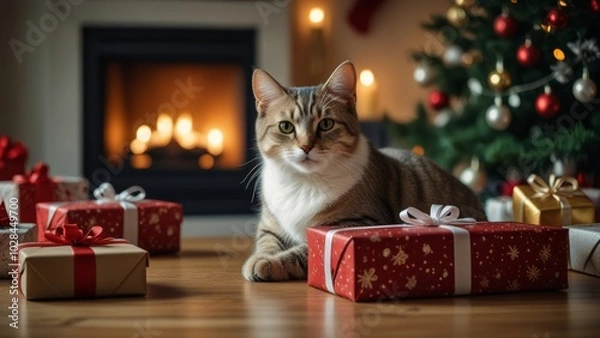 Fototapeta A cute cat sits amidst colorful Christmas decorations and a twinkling Christmas tree, creating a cozy and festive holiday atmosphere.