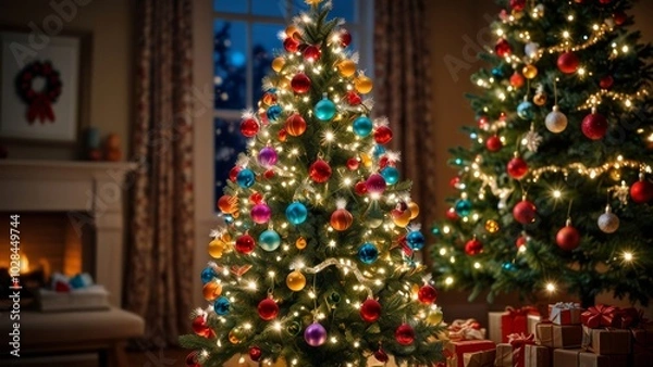 Fototapeta A warm and inviting living room features a beautifully decorated Christmas tree and a glowing fireplace, creating a cozy holiday atmosphere perfect for celebrations.