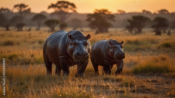 Fototapeta Hippos walk gracefully across the African savannah at sunset, surrounded by golden grasses and iconic trees. A stunning display of wildlife in a natural habitat.