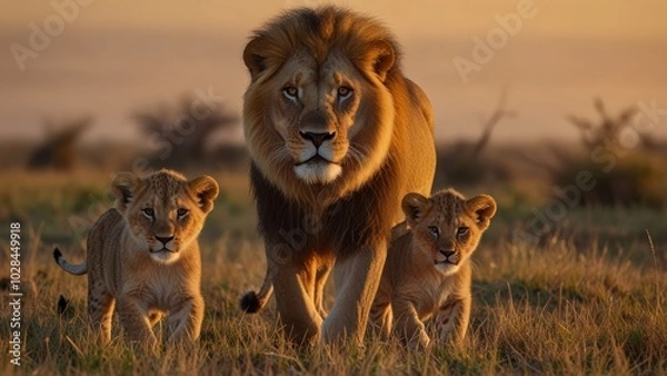 Fototapeta A powerful image capturing a lion and its cub strolling together across a sunlit savannah landscape, symbolizing strength, family, and natural beauty in the African wilderness.