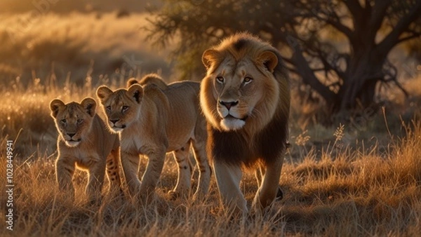 Fototapeta A powerful image capturing a lion and its cub strolling together across a sunlit savannah landscape, symbolizing strength, family, and natural beauty in the African wilderness.