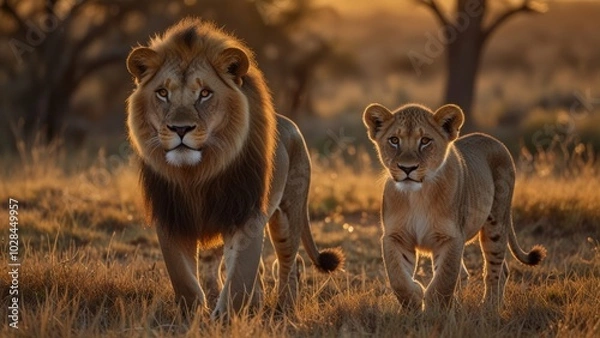 Fototapeta A powerful image capturing a lion and its cub strolling together across a sunlit savannah landscape, symbolizing strength, family, and natural beauty in the African wilderness.