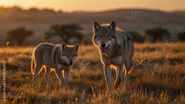 Fototapeta Two wolves stand majestically in a sunlit grassland at sunset, capturing the essence of wilderness and natural beauty. The warm tones of the golden hour create a serene atmosphere.