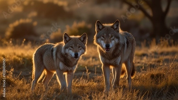 Fototapeta Two wolves stand majestically in a sunlit grassland at sunset, capturing the essence of wilderness and natural beauty. The warm tones of the golden hour create a serene atmosphere.