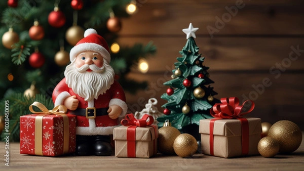 Fototapeta Charming Christmas setup featuring a Santa figure, festive gifts, and decorative tree. Ideal for holiday themes and seasonal warmth. Capture the essence of Christmas joy and celebration.