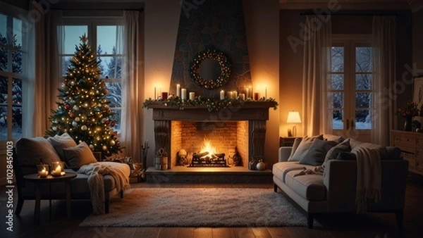 Fototapeta A warm and inviting living room features a beautifully decorated Christmas tree and a glowing fireplace, creating a cozy holiday atmosphere perfect for celebrations.