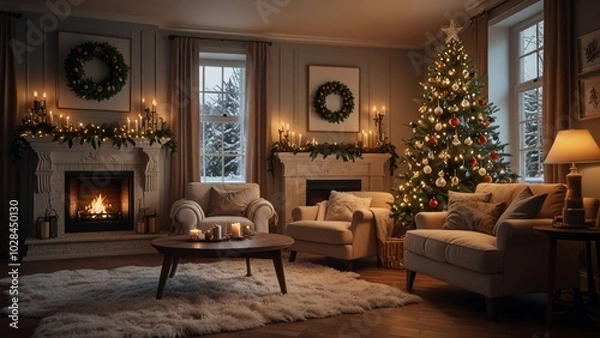 Fototapeta A warm and inviting living room features a beautifully decorated Christmas tree and a glowing fireplace, creating a cozy holiday atmosphere perfect for celebrations.