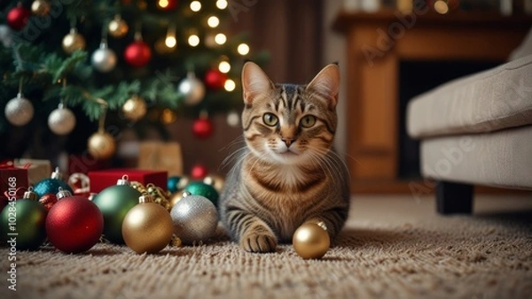 Fototapeta A cute cat sits amidst colorful Christmas decorations and a twinkling Christmas tree, creating a cozy and festive holiday atmosphere.